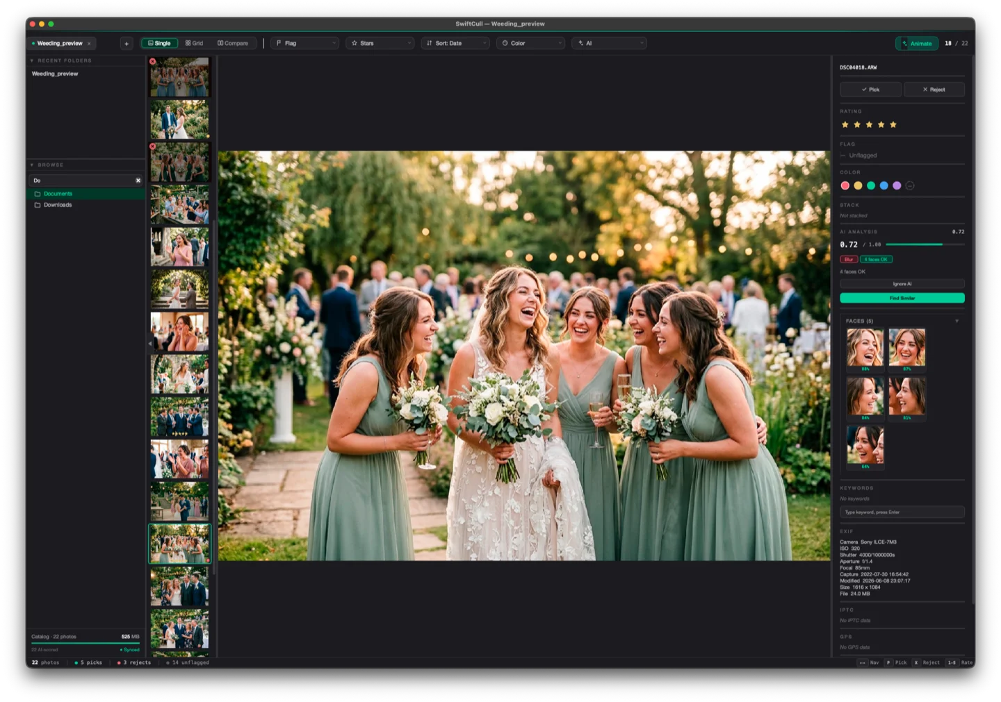 SwiftCull app showing a wedding photo with AI face detection, EXIF data, and culling controls